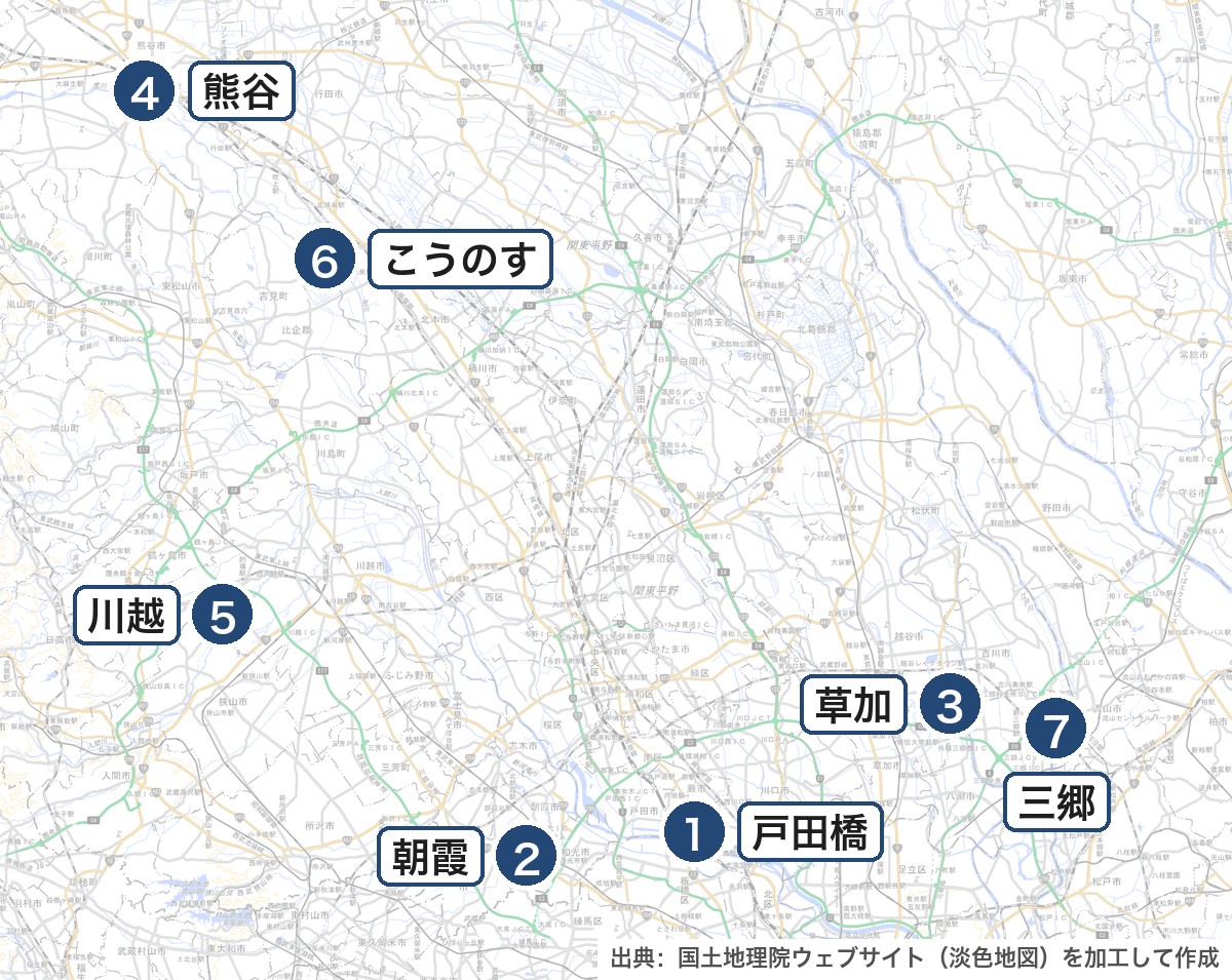 埼玉県の主な花火大会の位置を示した地図