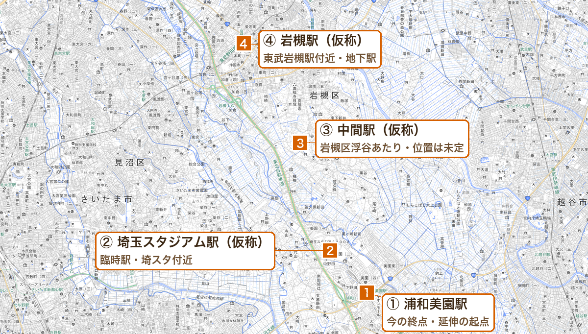 地下鉄7号線の延伸区間と新駅の場所の地図